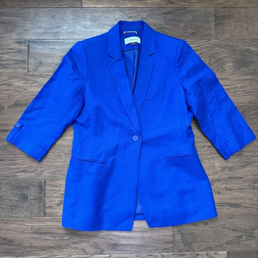 Calvin Klein Womens One-Button Blazer Jacket Royal Blue Office Work 10P